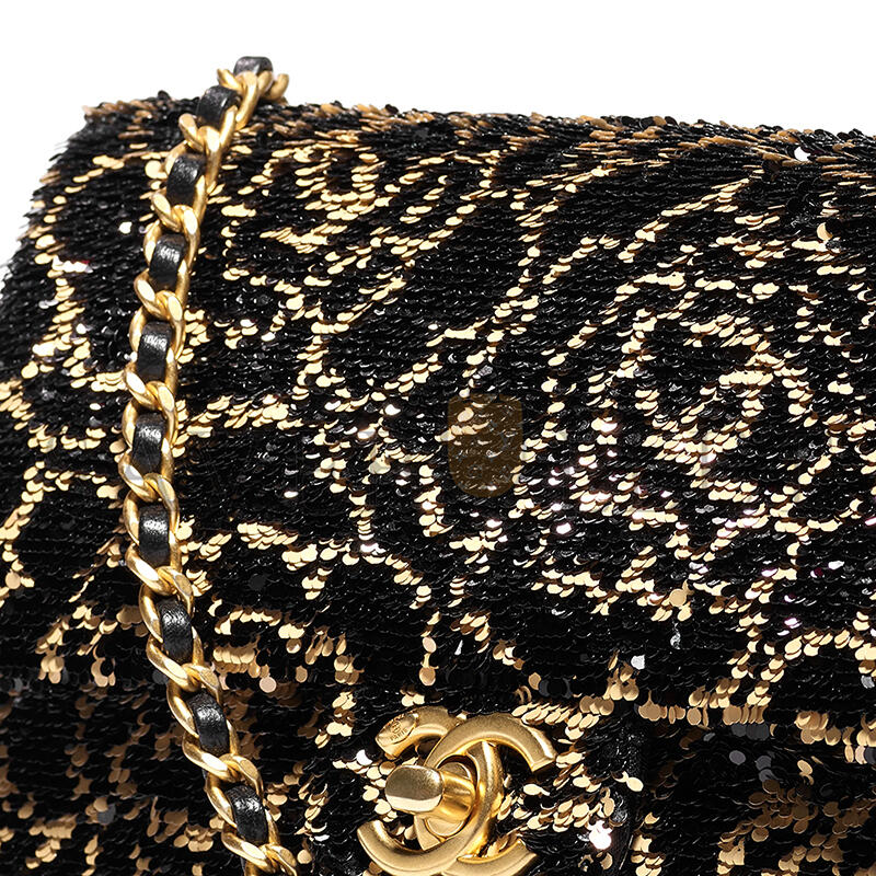 ch*el flap bag sequins & gold-tone metal G01den & black as4561 (21*14*8cm)